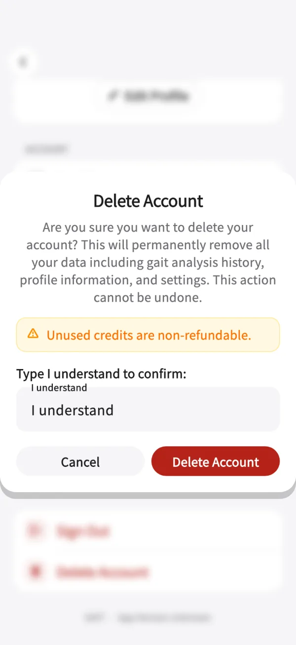 Delete Account confirmation dialog with the confirmation phrase typed in